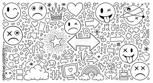 Handdrawn doodle elements, featuring a variety of whimsical shapes, symbols, and expressions, perfect for adding a playful touch to designs