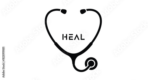 Black silhouette of a stethoscope forming a heart shape with the word heal inside, isolated on white background

