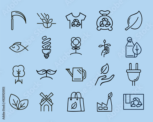 Comprehensive set of thin line icons representing ecology, environmental issues, and green energy solutions. Vector symbols for climate change and sustainability