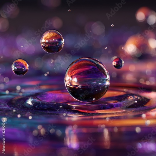 Mesmerizing Liquid Dance - Vibrant Droplets Reflecting Abstract Light on Rippled Surface.