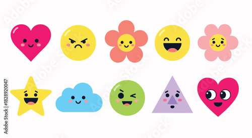 Collection of cute cartoon characters with different shapes and expressions heart, star, flower, cloud, triangle, and circle