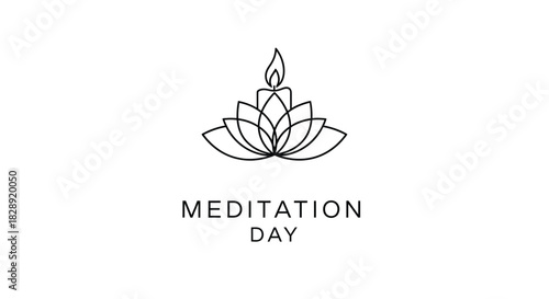 Minimalist line art icon representing meditation day with a lotus flower and a single burning candle flame isolated on white background
