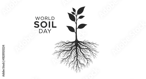 Black and white graphic illustration for world soil day featuring a seedling with extensive root system isolated on white background
