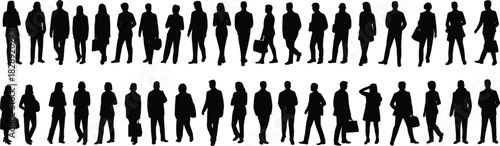 Silhouettes of diverse business professionals in formal attire, standing in rows, representing corporate workforce, office culture, and teamwork unity.