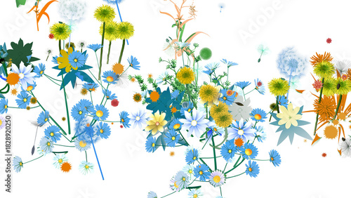 3D illustration of various flowers and plants with pollen that triggers spring allergies. Featuring dandelions and pinwheels. Top view with flat colors on a white background.