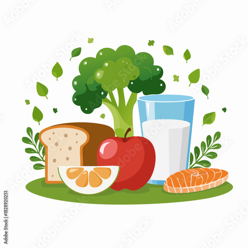 Healthy food illustration. Fresh vegetables and fruits. Bread, broccoli, apple, orange, salmon, and milk. Vector graphic for nutrition and diet. Healthy eating concept. White background.