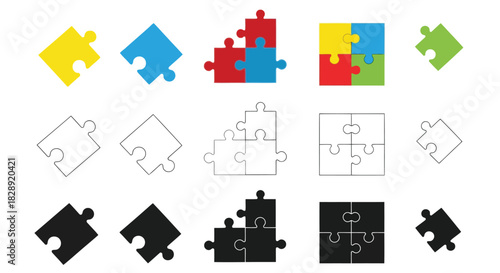 Colorful puzzle pieces in various arrangements, including single pieces, stacks of three, and squares of four