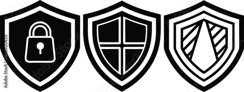 Shield Security Icon Set – Cyber Protection Symbols, Privacy Guard Badges, Antivirus, Firewall, Encryption, Secure Login, Data Safety, Web Protection Icons for Digital and Network Security