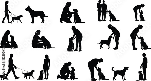 Silhouette collection of people interacting with dogs in various poses, walking, training, petting, sitting, bonding, and companionship scenes