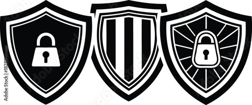 Shield Security Icon Set – Cyber Protection Symbols, Privacy Guard Badges, Antivirus, Firewall, Encryption, Secure Login, Data Safety, Web Protection Icons for Digital and Network Security