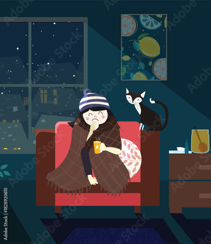 Girl wrapped in blanket and winter hat, looking sick while drinking hot tea at home with her cat on a snowy night.