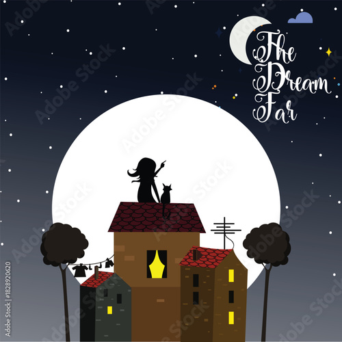 Young girl and her feline friend silhouettes on a moonlit rooftop pointing at the vast starry night sky.