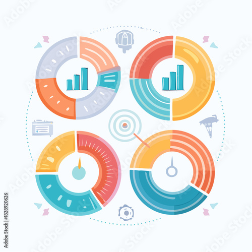 Infographic elements. Vector illustration of four pie charts. Colorful circular graphs. Business data visualization. Infographic icons on white background. Data analysis template. Vector