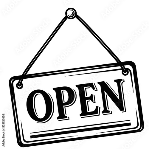 Open sign hanging on door in classic black and white design  