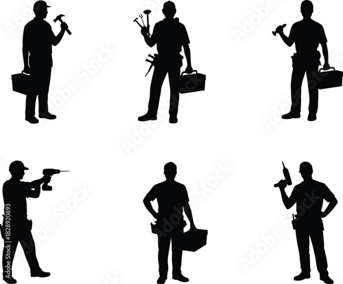 Construction workers silhouettes with tools, toolbox, drill, hammer, maintenance gear, tradespeople, handyman, labor, repair, industrial job, vector illustration