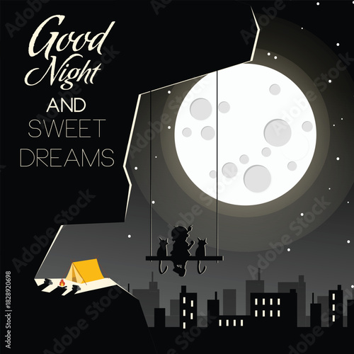 Good night and sweet dreams: child and cats on a swing under a bright full moon over city skyline and camp.