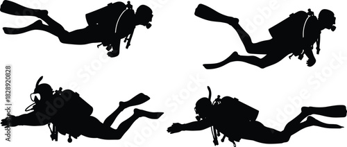 WebScuba diver vector black silhouettes set, underwater exploration, male figures swimming with snorkel, fins, and oxygen tanks, illustrating adventure, diving, and marine sport.
