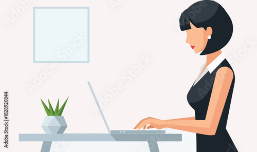 Woman Working on Laptop at Desk – Office Illustration