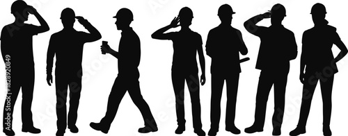 Construction workers silhouette with hard hats saluting in teamwork pose, engineering professionals in unity, blueprint and coffee cup gesture