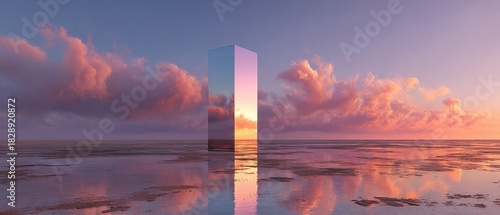 Mirrored Monolith Reflecting Sunset Sky on Watery Horizon.