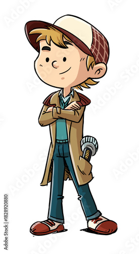Boy detective with proud pose, isolated drawing