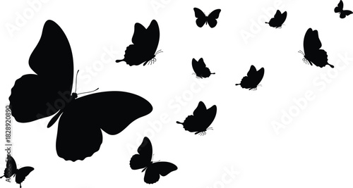 Black silhouette butterflies flying in scattered motion across white background, creating dynamic movement and depth in minimalist vector illustration design.