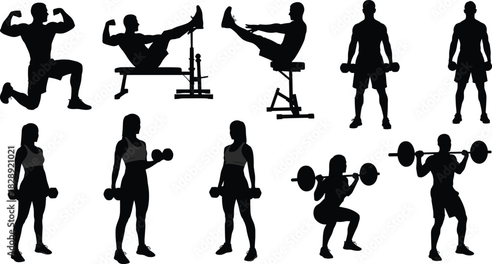 Naklejka premium Gym workout vector silhouettes set, men and women lifting weights, exercising with dumbbells and barbells, training, fitness, bodybuilding, and strong physical performance graphics.