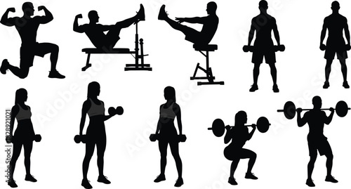 Gym workout vector silhouettes set, men and women lifting weights, exercising with dumbbells and barbells, training, fitness, bodybuilding, and strong physical performance graphics.