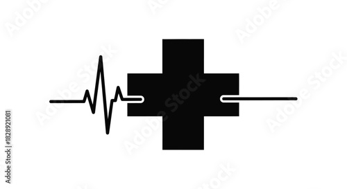 Black silhouette of a medical cross symbol combined with an electrocardiogram heartbeat line, isolated on white background
