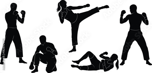 Kickboxing and martial arts vector set, dynamic silhouettes of men and women fighting, practicing high kicks, punching, fitness, combat sports, and self-defense training.