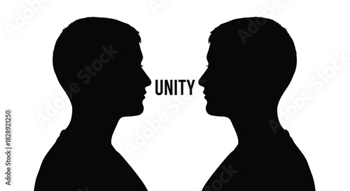 Silhouette profile of two human heads facing each other with the word unity between them, isolated on white background
