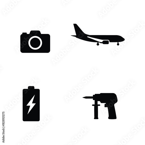 Four black icons: camera, airplane, battery, and drill on white background photo