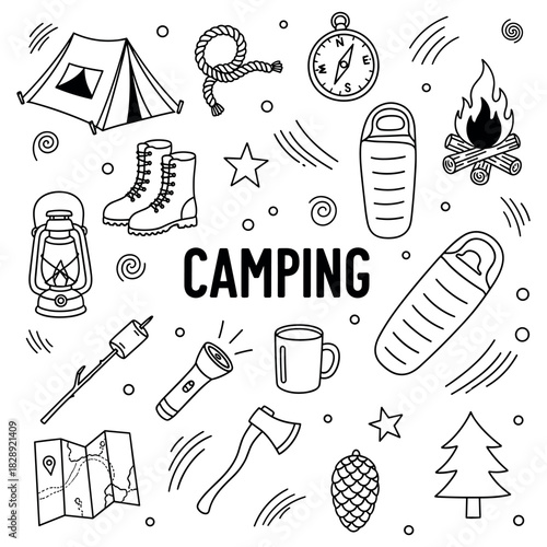 Camping adventure icons: lantern, tent, compass, campfire, sleeping bag, and more
