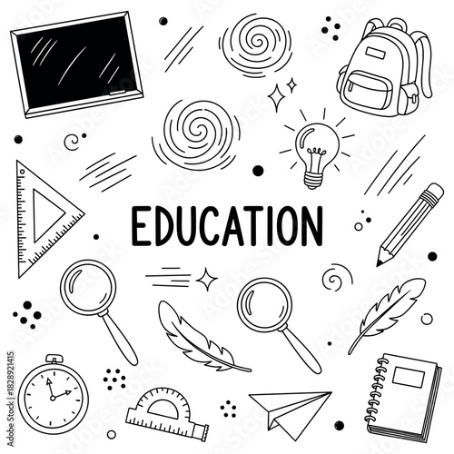 Education tools and symbols illustration with backpack, book, and magnifying glass