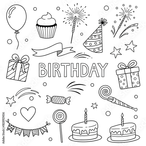 Festive birthday celebration elements with cake, gifts, and party hats