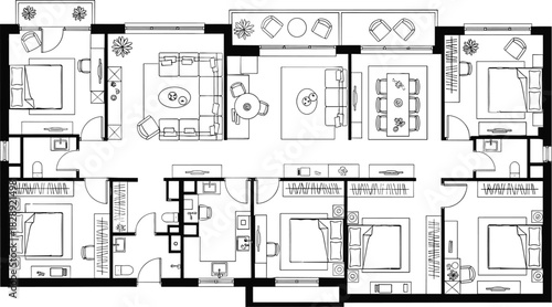 Architectural Floor Plan, Apartment Blueprint Layout, Top View Room Design, Interior Walls, Furniture Icons, Flat Plan Drawing, Real Estate Plan, Detailed Scheme
