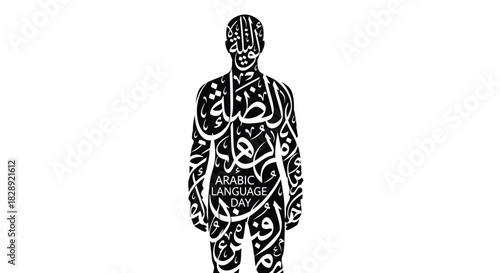 Black and white graphic illustration of a human silhouette filled with arabic calligraphy text celebrating arabic language day isolated on white background
