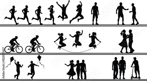 Black people silhouettes running cycling jumping rope walking couple dance kites outdoor fitness sport active lifestyle icon set white background