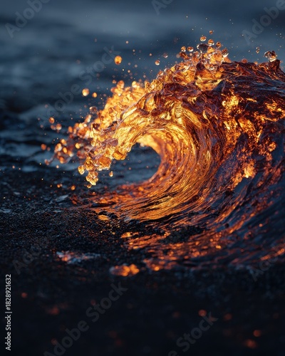 Molten Lava Wave - Fiery Orange Water Crashing in Dark Ocean.