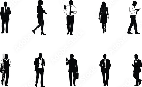 Business people silhouettes, corporate team vector set isolated on white background, professionals walking, talking, phone use, office outfit icons, leadership illustration, modern coworker figures