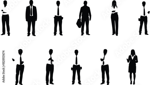 Business people silhouettes, corporate team, men and women, office workers, managers icons, professional workforce, black isolated vector set, leadership, finance, formal suits, diversity illustration