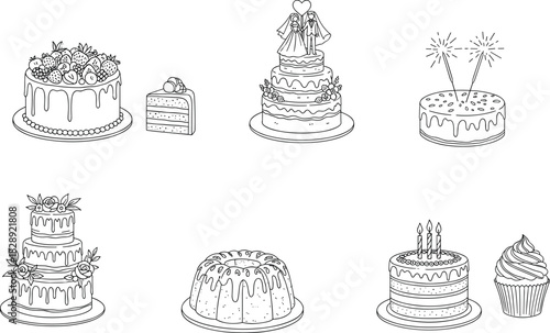 Hand Drawn Cake Collection, Birthday Cake, Wedding Cake, Cupcake, Bundt Cake, Drip Icing, Dessert Sketch Illustration, Isolated Vector, Coloring Page Style