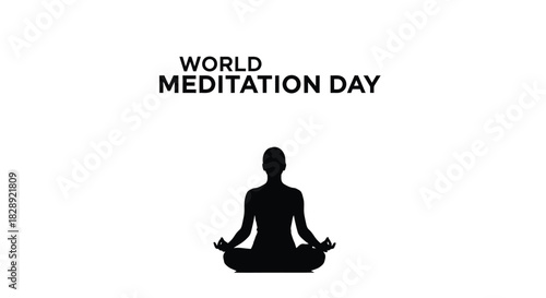 Silhouette of person meditating in lotus position for world meditation day isolated on white background
