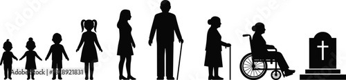 Human life cycle silhouettes, baby, child, adult, senior, wheelchair person, grave icon, family generations, aging stages, minimalist black vector illustration isolated set.