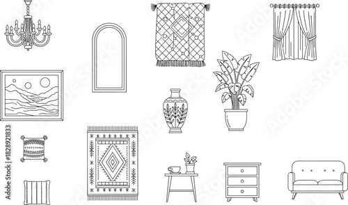 Interior decor icons set, chandelier, window curtains, arch mirror, framed wall art, cushions, vases, potted plants, sofa, side table, drawer cabinet, carpet, home design elements vector collection.
