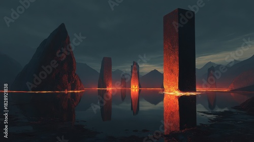 Mysterious Monoliths Reflecting in Dark Water at Dusk, Eerie Landscape.