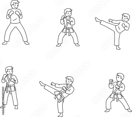 Karate line art illustration set, kids martial arts poses, taekwondo kick drawing, self defense training sketch, fighting sport outlines, children dojo practice clipart, black white vector icons