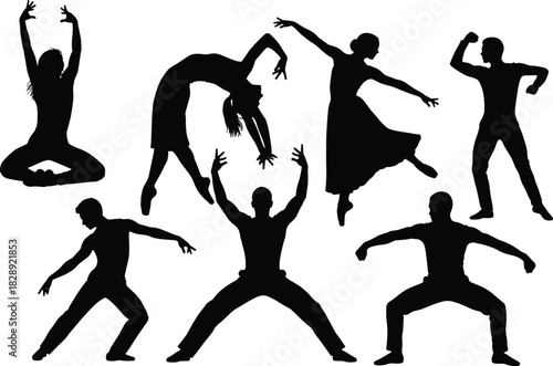Dancer vector black silhouettes set, people in dynamic motion, performing ballet, modern, and contemporary dance, illustrating performance art, expression, and energetic movement.