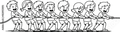Kids tug of war illustration, children teamwork activity, playful group competition scene, happy kids pulling rope, fun outdoor game concept