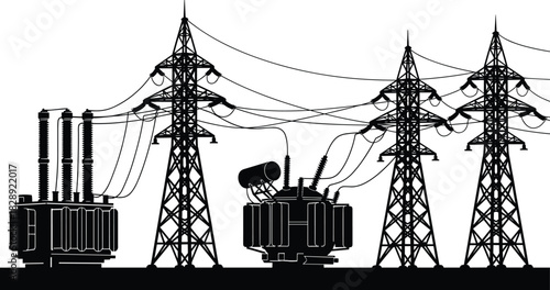 Power grid silhouettes, electricity transmission towers, transformers, high voltage lines, energy infrastructure icons, industrial skyline, electrical equipment, black vector illustration
